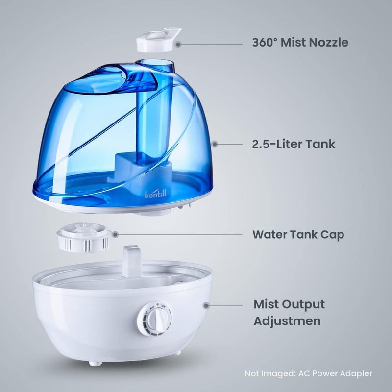 bontill Cool Mist Humidifiers for Bedroom & Large Room (2.5L Water Tank) Quiet Ultrasonic Air Humidifier For Babies Nursery, Office, Indoor Plants & Whole House -Adjustable 360 Rotation Nozzle, Auto-Shut Off - Image 5